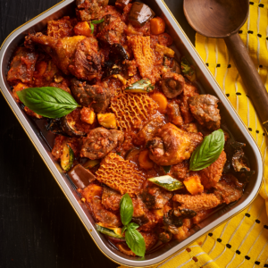 Jungle stew – beef, shaki, kidney, kpomo, mini snails, eggplant, zucchini, carrot, chicken