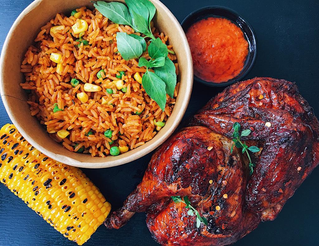 Half Jerk Chicken, grilled chicken, coconut Jollof rice, pepper sauce ⋆