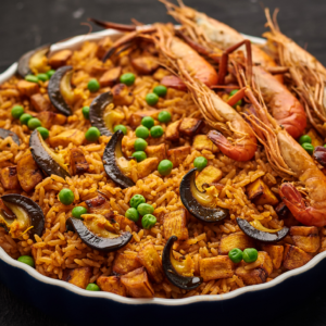 Deluxe coconut Jollof rice with snails, shrimps and dodo bits